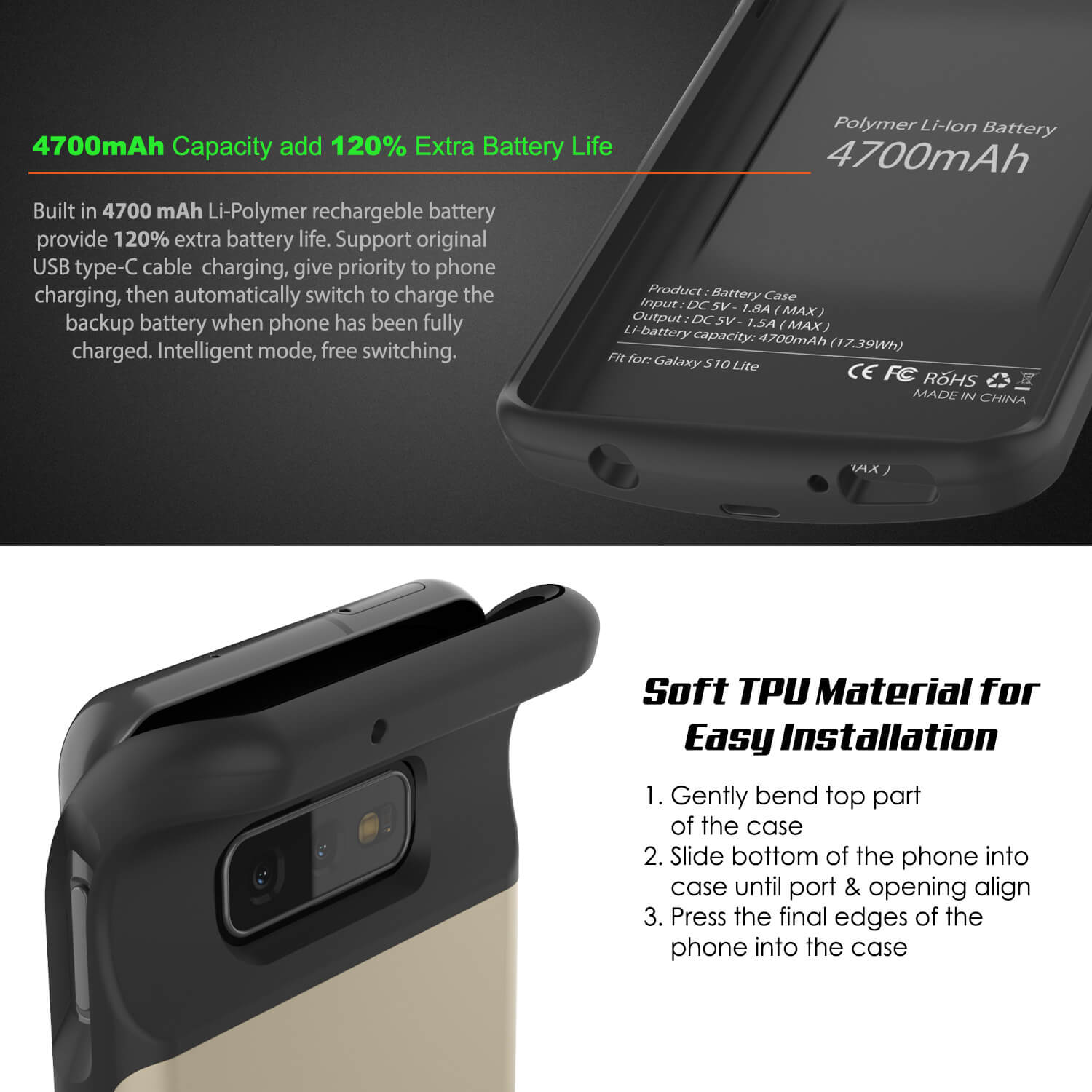 PunkJuice S10e Battery Case Gold - Fast Charging Power Juice Bank with 4700mAh