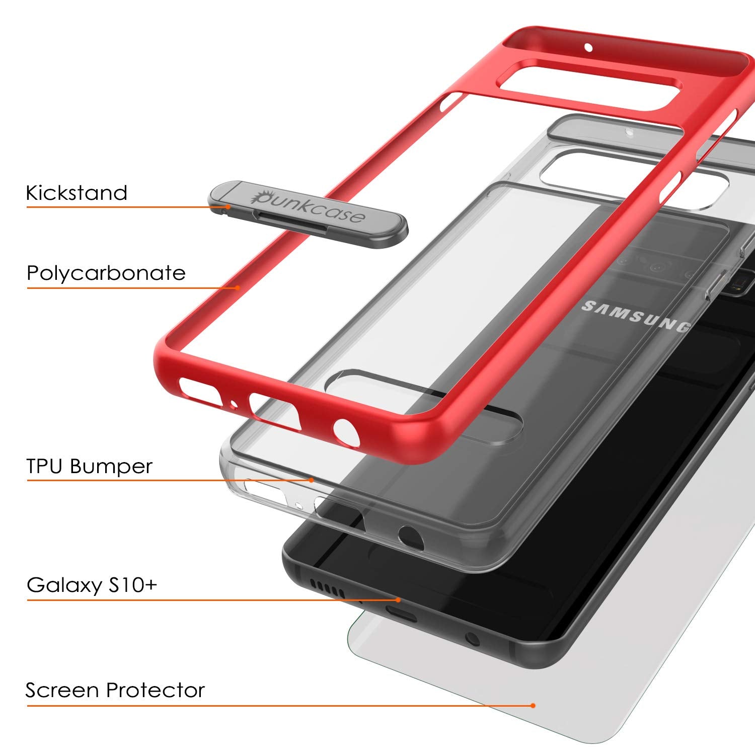 Galaxy S10+ Plus Case, PUNKcase [LUCID 3.0 Series] [Slim Fit] Armor Cover w/ Integrated Screen Protector [Red]