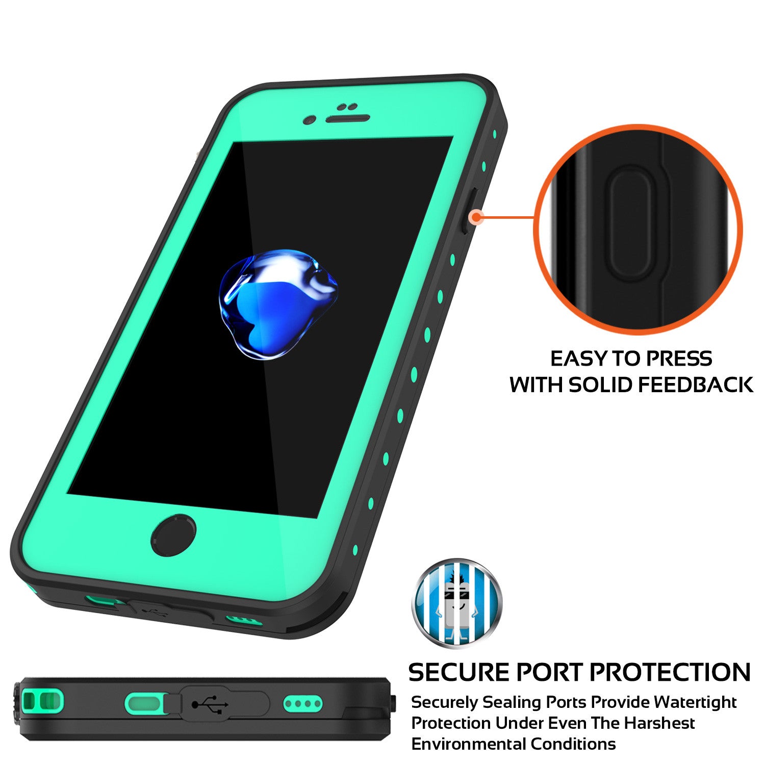 iPhone 7 Waterproof IP68 Case, Punkcase [Teal] [StudStar Series] [Slim Fit] [Dirtproof] [Snowproof]