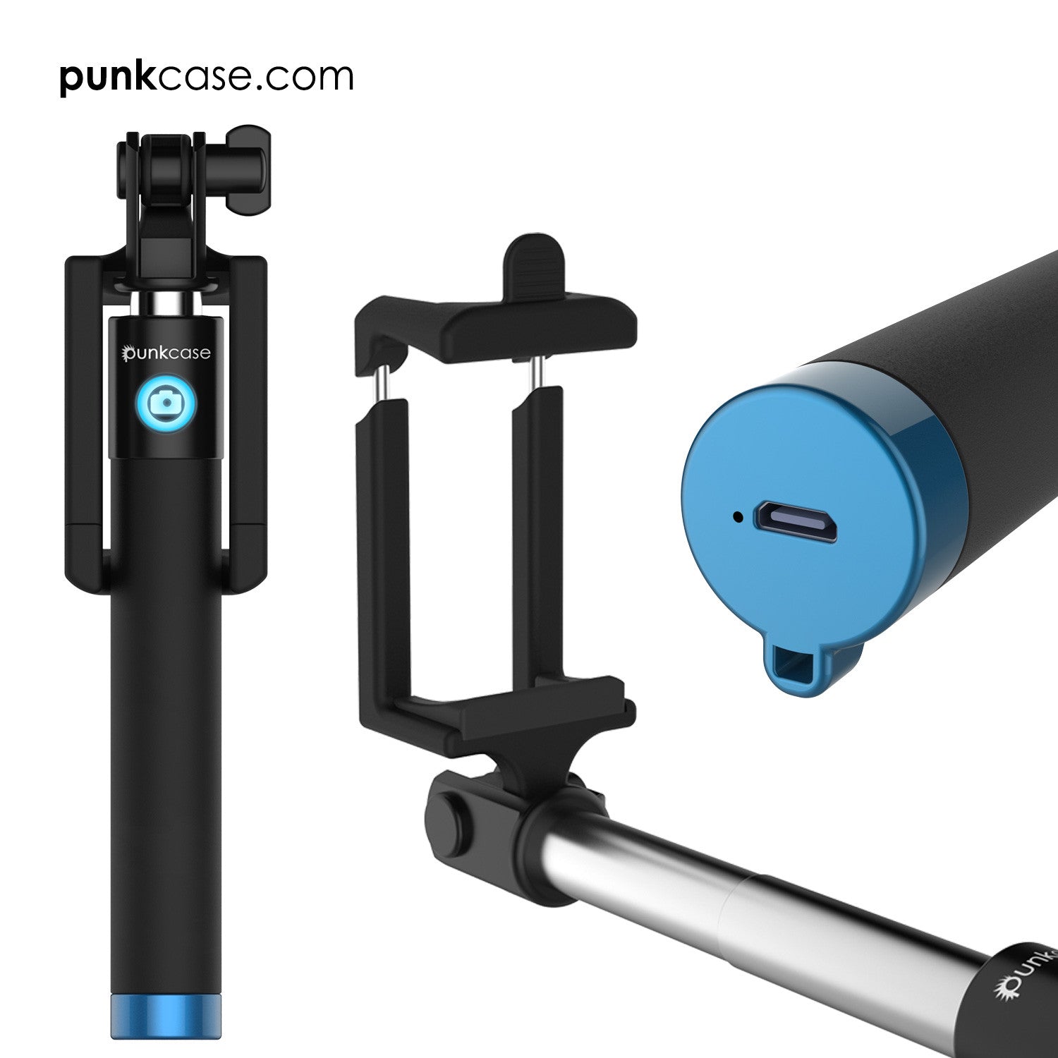 Selfie Stick - Blue, Extendable Monopod with Built-In Bluetooth Remote Shutter
