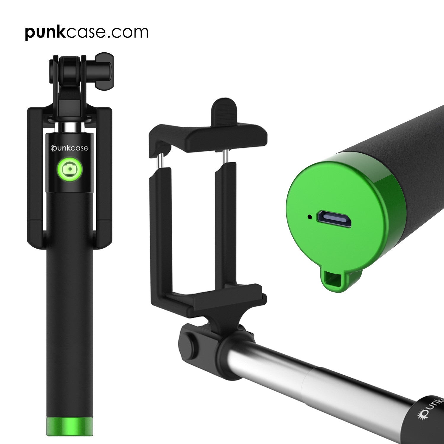 Selfie Stick - Green, Extendable Monopod with Built-In Bluetooth Remote Shutter